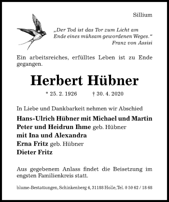 Traueranzeige von Herbert Hübner von Hildesheimer Allgemeine Zeitung