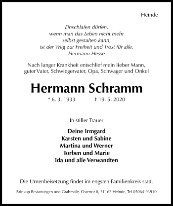 Traueranzeige von Hermann Schramm von Hildesheimer Allgemeine Zeitung