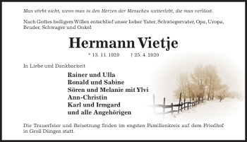 Traueranzeige von Hermann Vietje von Hildesheimer Allgemeine Zeitung