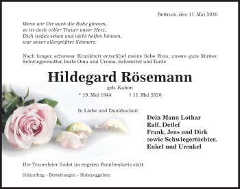 Traueranzeige von Hildegard Rösemann von Hildesheimer Allgemeine Zeitung