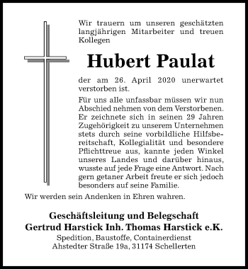 Traueranzeige von Hubert Paulat von Hildesheimer Allgemeine Zeitung