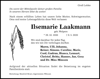 Traueranzeige von Ilsemarie Laakmann von Hildesheimer Allgemeine Zeitung
