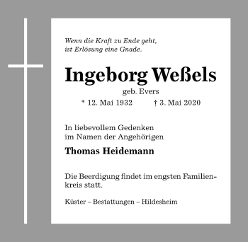 Traueranzeige von Ingeborg Weßels von Hildesheimer Allgemeine Zeitung