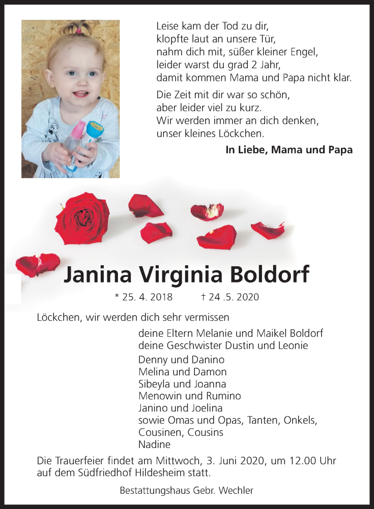  Traueranzeige für Janina Virginia Boldorf vom 30.05.2020 aus Hildesheimer Allgemeine Zeitung