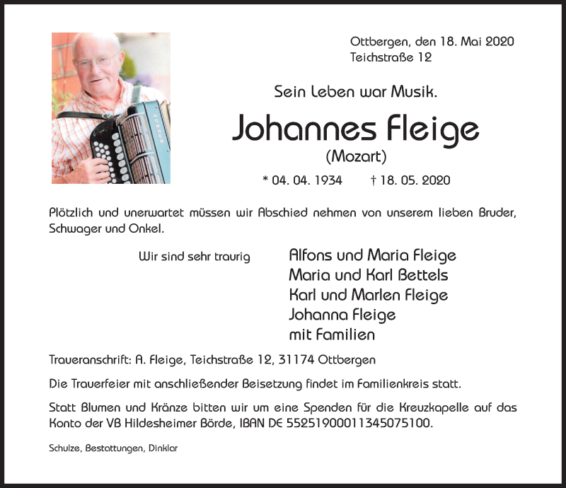  Traueranzeige für Johannes Fleige vom 20.05.2020 aus Hildesheimer Allgemeine Zeitung