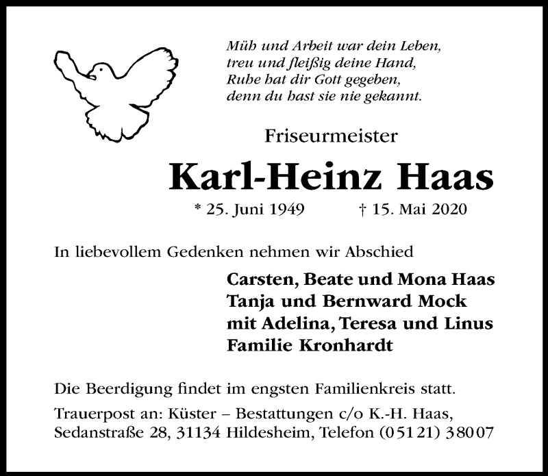  Traueranzeige für Karl-Heinz Haas vom 23.05.2020 aus Hildesheimer Allgemeine Zeitung