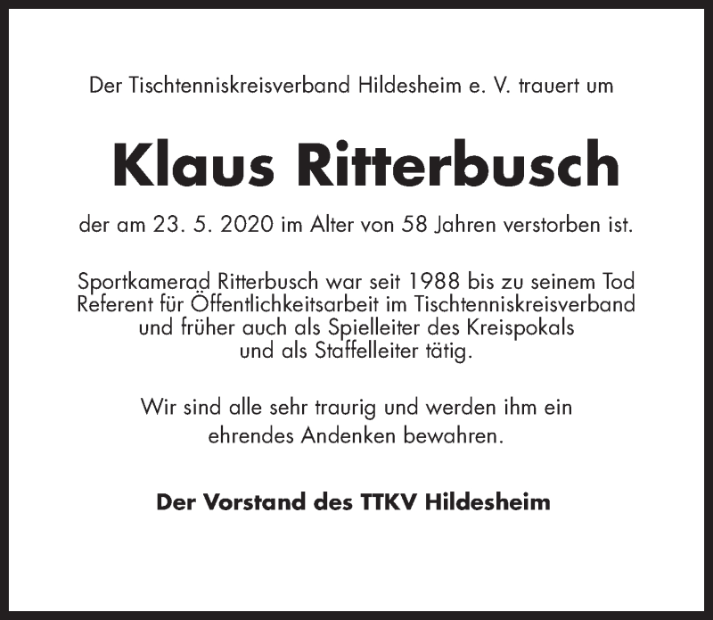  Traueranzeige für Klaus Ritterbusch vom 28.05.2020 aus Hildesheimer Allgemeine Zeitung