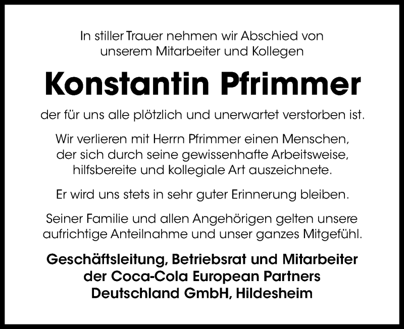  Traueranzeige für Konstantin Pfrimmer vom 23.05.2020 aus Hildesheimer Allgemeine Zeitung