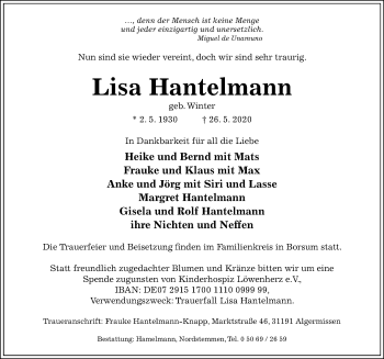 Traueranzeige von Lisa Hantelmann von Hildesheimer Allgemeine Zeitung