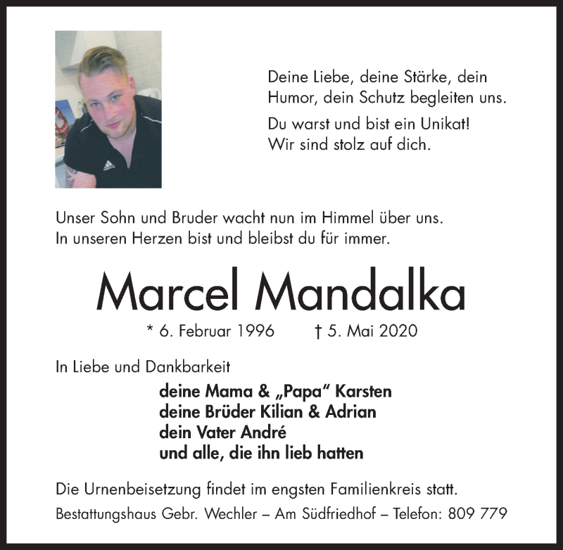  Traueranzeige für Marcel Mandalka vom 09.05.2020 aus Hildesheimer Allgemeine Zeitung