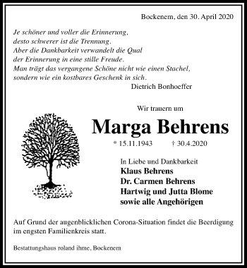 Traueranzeige von Marga Behrens von Hildesheimer Allgemeine Zeitung