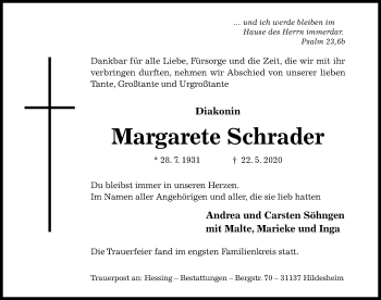 Traueranzeige von Margarete Schrader von Hildesheimer Allgemeine Zeitung