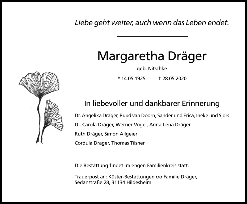  Traueranzeige für Margaretha Dräger vom 30.05.2020 aus Hildesheimer Allgemeine Zeitung