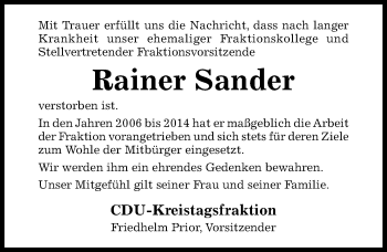 Traueranzeige von Rainer Sander von Hildesheimer Allgemeine Zeitung