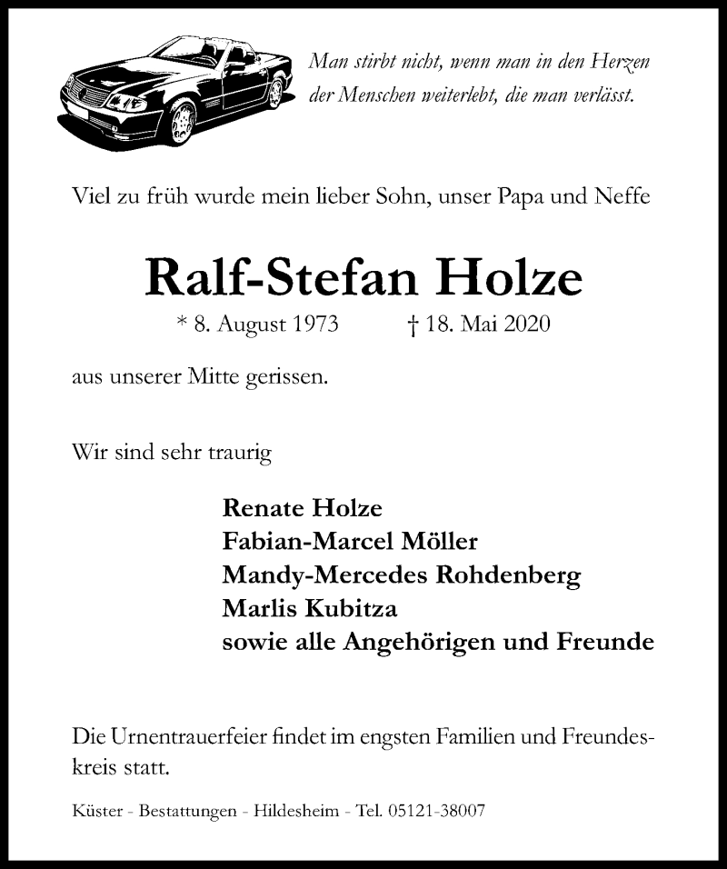  Traueranzeige für Ralf-Stefan Holze vom 20.05.2020 aus Hildesheimer Allgemeine Zeitung