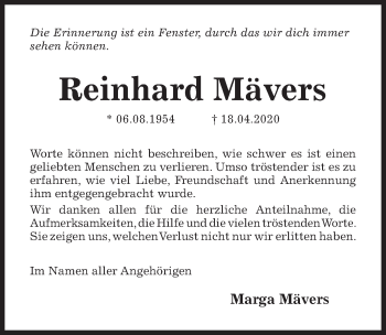 Traueranzeige von Reinhard Mävers von Hildesheimer Allgemeine Zeitung