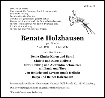 Traueranzeige von Renate Holzhausen von Hildesheimer Allgemeine Zeitung