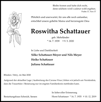 Traueranzeige von Roswitha Schattauer von Hildesheimer Allgemeine Zeitung
