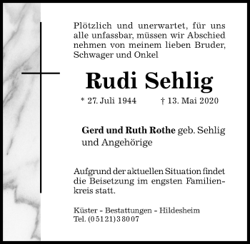 Traueranzeige von Rudi Sehlig von Hildesheimer Allgemeine Zeitung