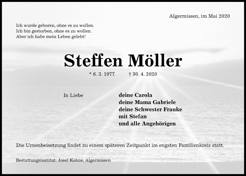  Traueranzeige für Steffen Möller vom 09.05.2020 aus Hildesheimer Allgemeine Zeitung