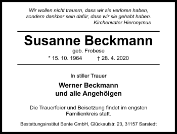Traueranzeige von Susanne Beckmann von Hildesheimer Allgemeine Zeitung