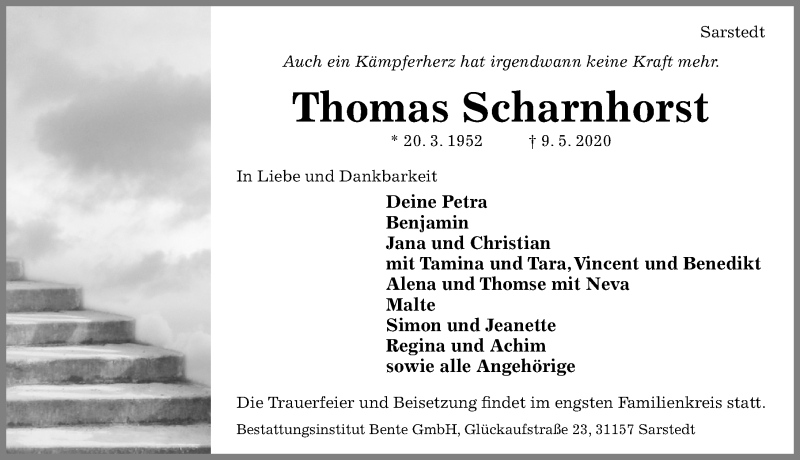  Traueranzeige für Thomas Scharnhorst vom 13.05.2020 aus Hildesheimer Allgemeine Zeitung