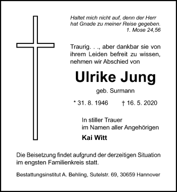 Traueranzeige von Ulrike Jung von Hildesheimer Allgemeine Zeitung