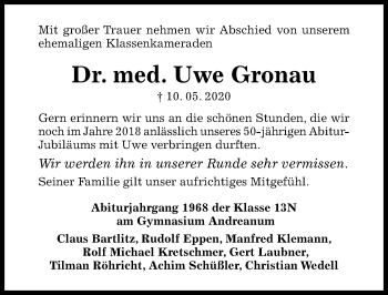 Traueranzeige von Uwe Gronau von Hildesheimer Allgemeine Zeitung