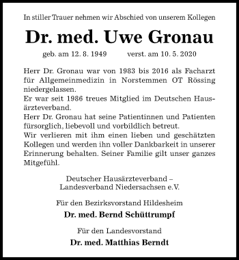 Traueranzeige von Uwe Gronau von Hildesheimer Allgemeine Zeitung