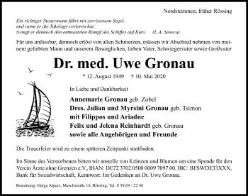 Traueranzeige von Uwe Gronau von Hildesheimer Allgemeine Zeitung