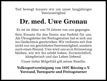 Traueranzeige von Uwe Gronau von Hildesheimer Allgemeine Zeitung