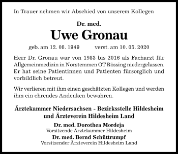 Traueranzeige von Uwe Gronau von Hildesheimer Allgemeine Zeitung