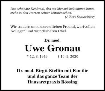 Traueranzeige von Uwe Gronau von Hildesheimer Allgemeine Zeitung