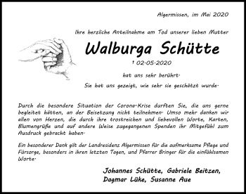 Traueranzeige von Walburga Schütte von Hildesheimer Allgemeine Zeitung