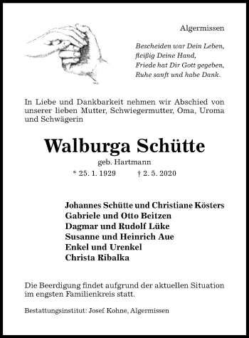 Traueranzeige von Walburga Schütte von Hildesheimer Allgemeine Zeitung