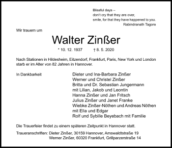 Traueranzeige von Walter Zinßer von Hildesheimer Allgemeine Zeitung