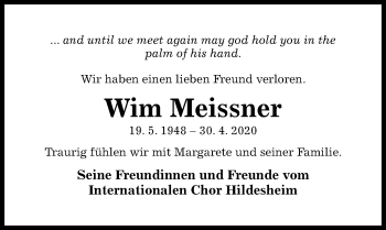 Traueranzeige von Wim Meissner von Hildesheimer Allgemeine Zeitung