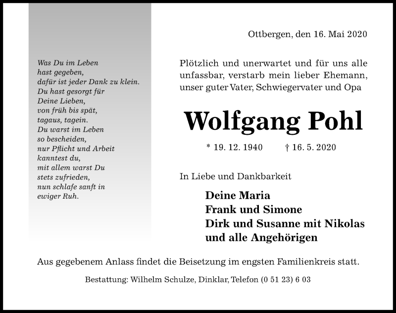  Traueranzeige für Wolfgang Pohl vom 20.05.2020 aus Hildesheimer Allgemeine Zeitung