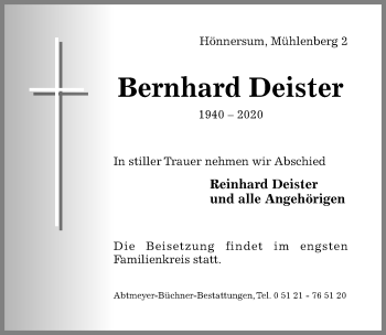 Traueranzeige von Bernhard Deister von Hildesheimer Allgemeine Zeitung