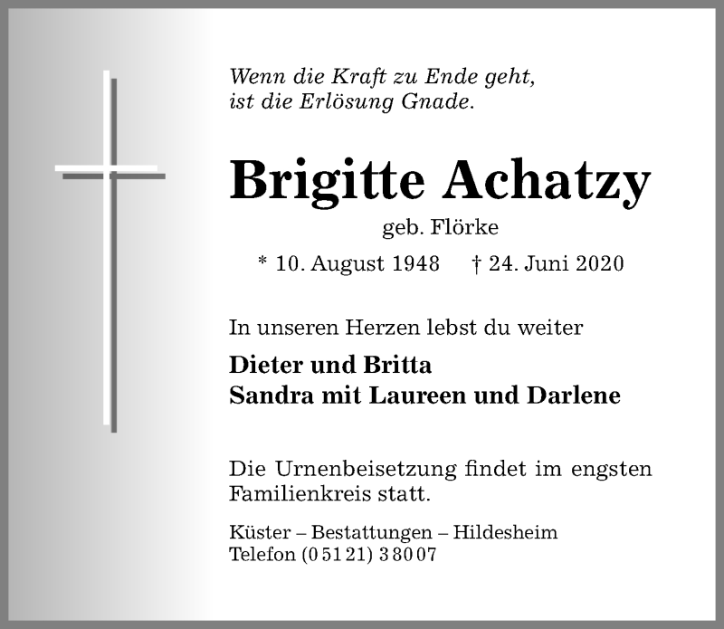  Traueranzeige für Brigitte Achatzy vom 25.06.2020 aus Hildesheimer Allgemeine Zeitung