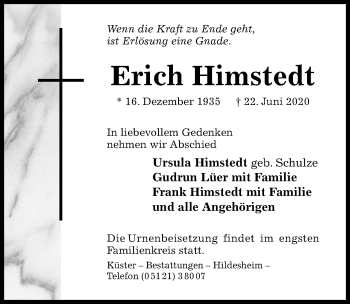 Traueranzeige von Erich Himstedt von Hildesheimer Allgemeine Zeitung