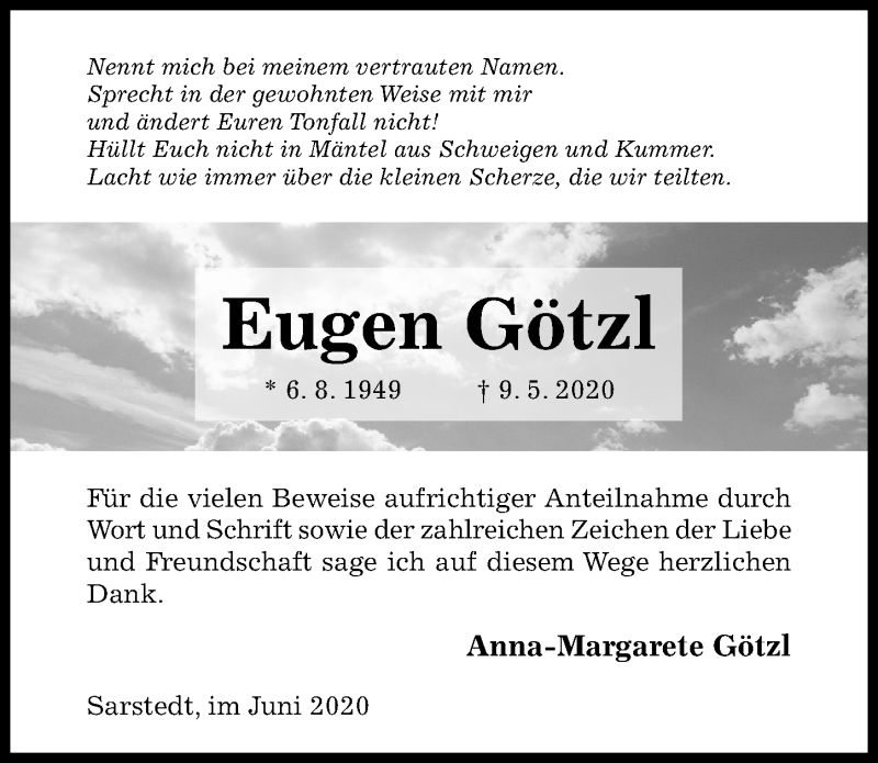  Traueranzeige für Eugen Götzl vom 03.06.2020 aus Hildesheimer Allgemeine Zeitung