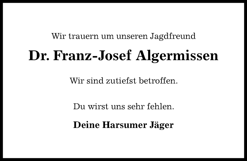  Traueranzeige für Franz-Josef Algermissen vom 03.06.2020 aus Hildesheimer Allgemeine Zeitung