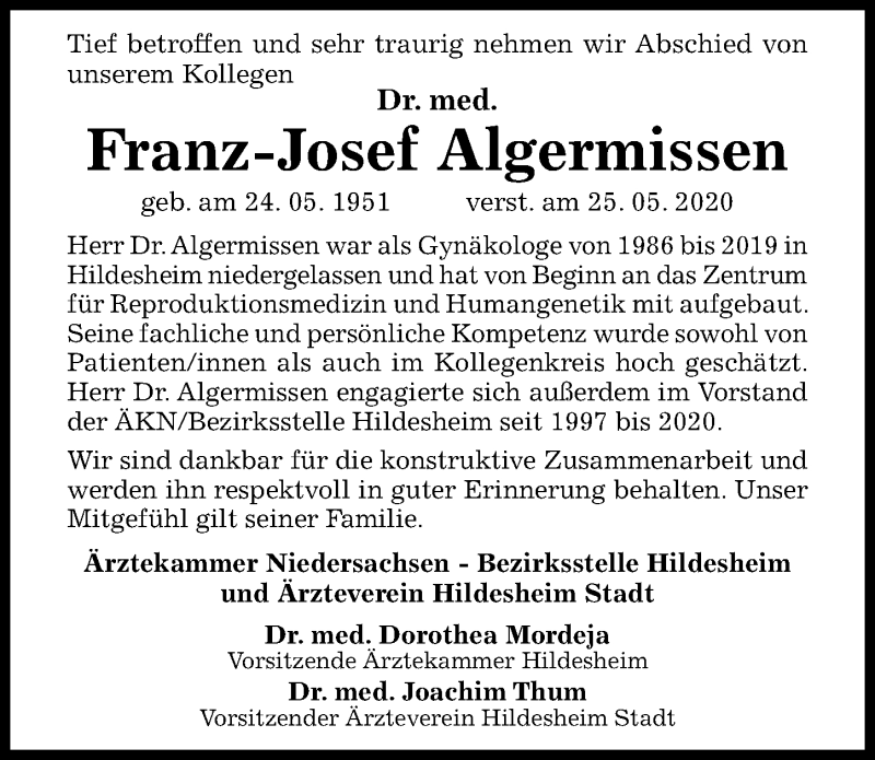  Traueranzeige für Franz-Josef Algermissen vom 04.06.2020 aus Hildesheimer Allgemeine Zeitung