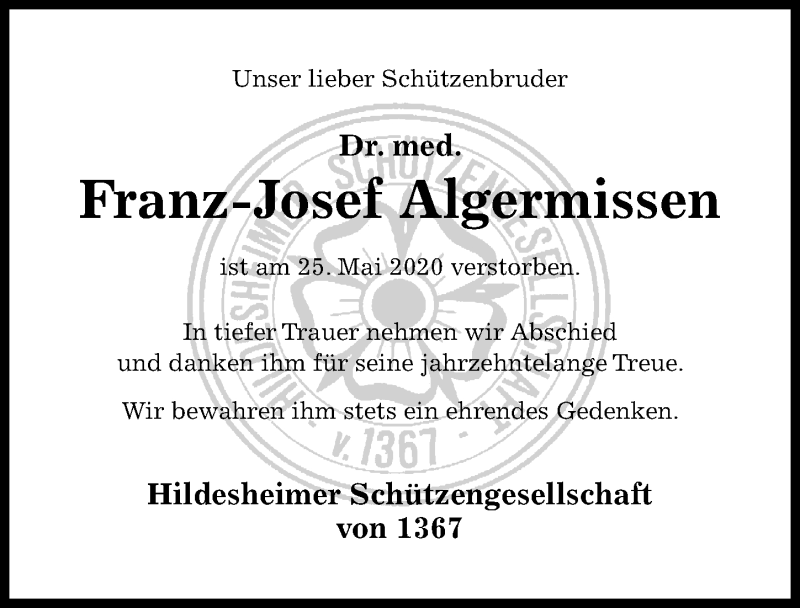  Traueranzeige für Franz-Josef Algermissen vom 06.06.2020 aus Hildesheimer Allgemeine Zeitung