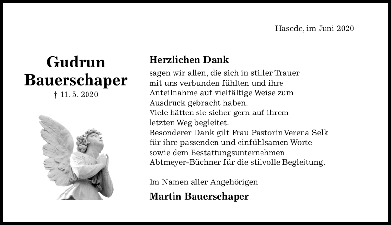  Traueranzeige für Gudrun Bauerschaper vom 13.06.2020 aus Hildesheimer Allgemeine Zeitung