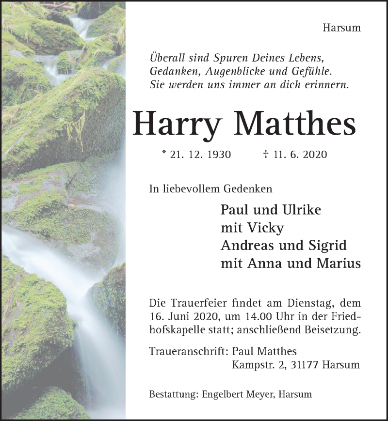 Traueranzeigen von Harry Matthes Trauerportal Hildesheimer Allgemeine