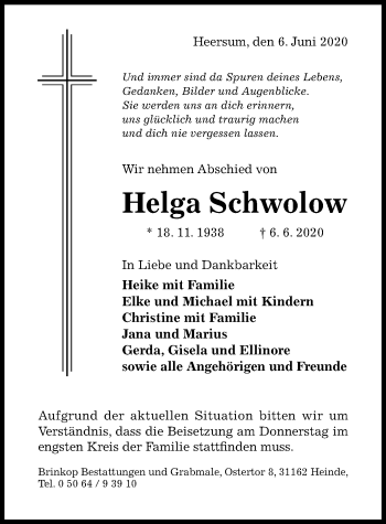 Traueranzeige von Helga Schwolow von Hildesheimer Allgemeine Zeitung