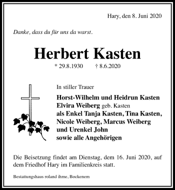 Traueranzeige von Herbert Kasten von Hildesheimer Allgemeine Zeitung