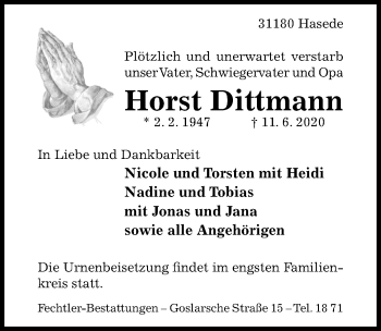 Traueranzeige von Horst Dittmann von Hildesheimer Allgemeine Zeitung